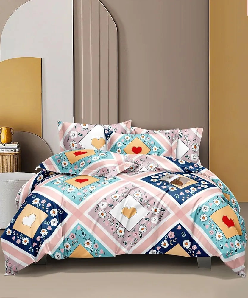 THE HOME STYLE Cotton Feel Glace Cotton Elastic Fitted Printed Double Bed King Size Bedsheet With 2 Pillow Cover 300 TC